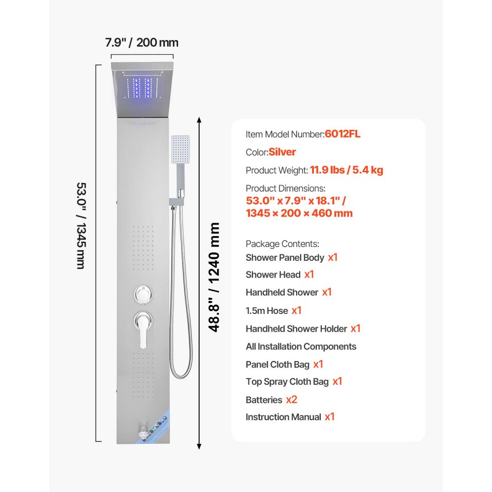 VEVOR Douchepaneel Torensysteem (5 standen) met regendouchekop en LED, (1345 mm) geborstelde roestvrijstalen douchekolom, aan de muur gemonteerd regenmassagesysteem, met handdouche en baduitloop