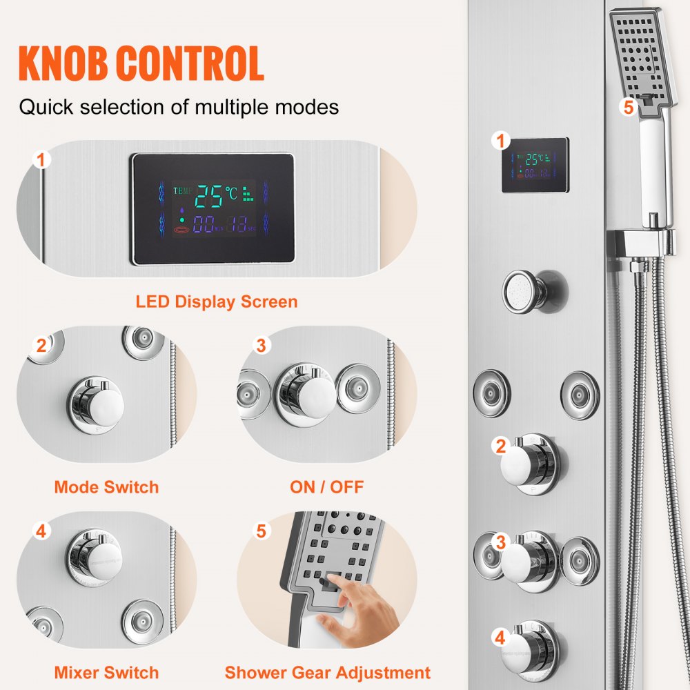 VEVOR douchepaneelsysteem, 6 douchestanden, LED-verlichting en scherm, wateraangedreven douchekolom, regendouche, waterval, 8 massagejets, badkraan, handdouche, roestvrijstalen wanddoucheset