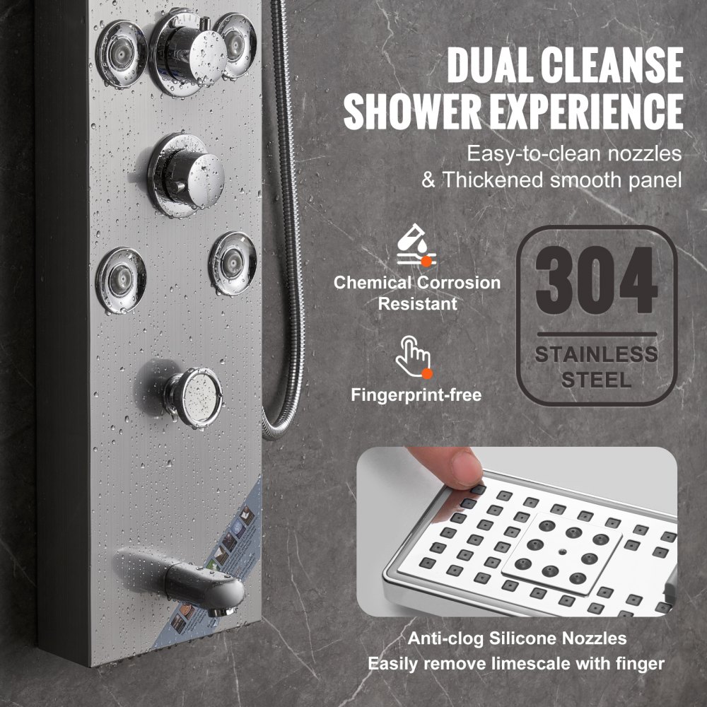 VEVOR douchepaneelsysteem, 6 douchestanden, LED-verlichting en scherm, wateraangedreven douchekolom, regendouche, waterval, 8 massagejets, badkraan, handdouche, roestvrijstalen wanddoucheset
