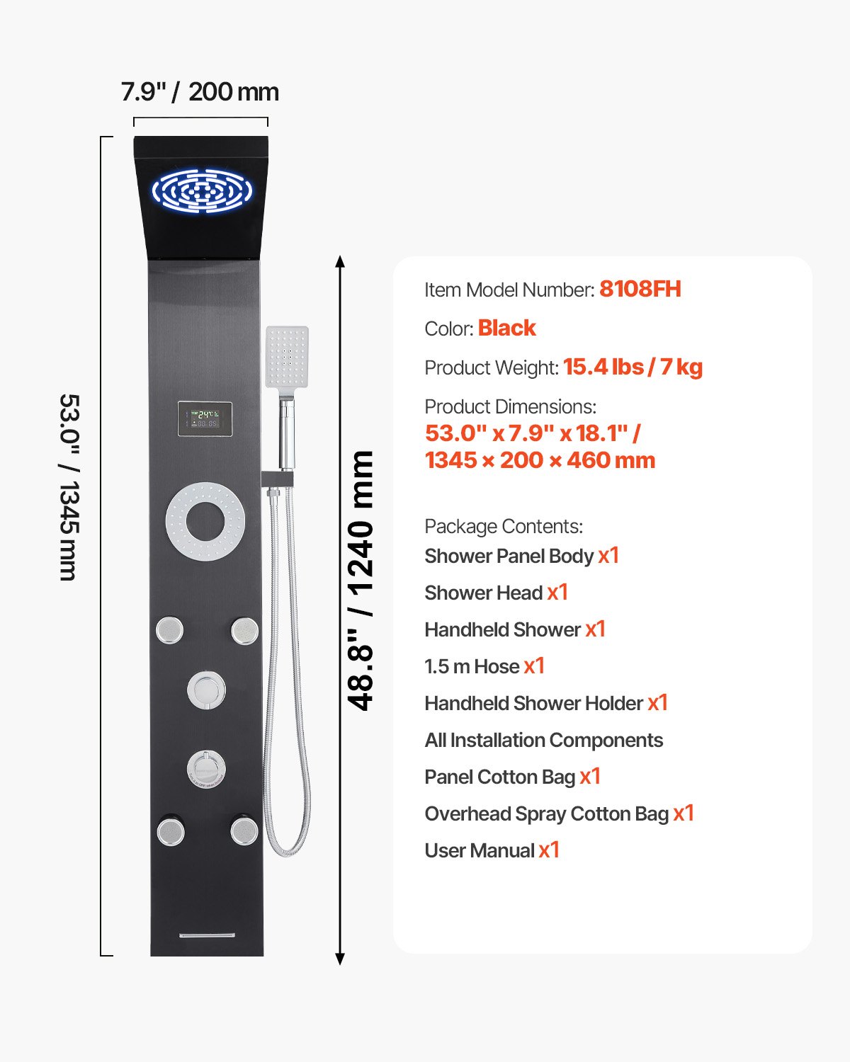 VEVOR Douchepaneeltorensysteem (6 in 1) met regendouchekop en led, (1345 mm) geborstelde roestvrijstalen douchekolom, aan de muur bevestigd regenmassagesysteem, met 5 lichaamsjets (4 kleine + 1 grote)