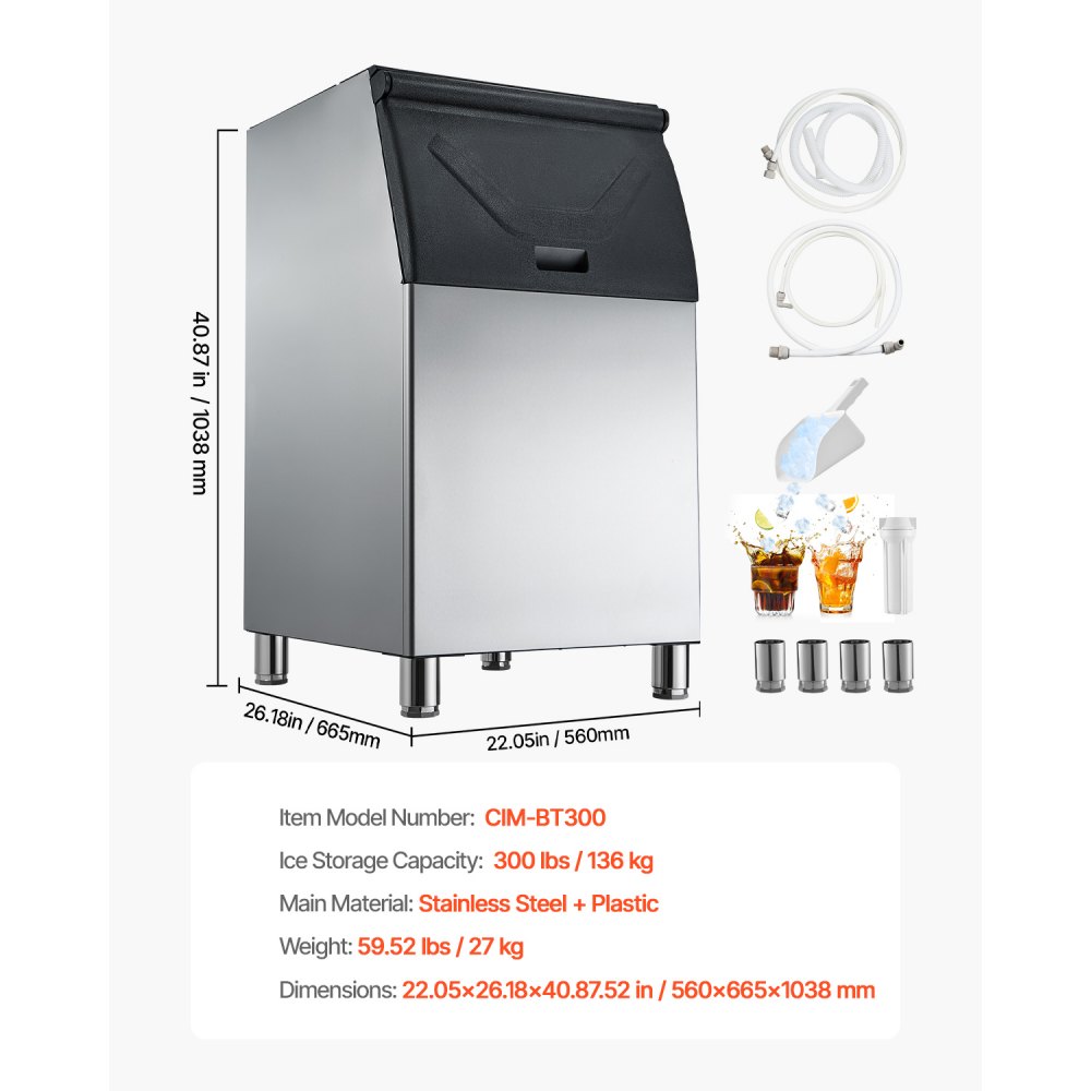 VEVOR Commercial Ice Maker Storage Bin, 136 KG Capacity Stainless Steel Ice-Bin, Commercial Ice Storage Bin with Adjustable Anti-slip Rubber Feet, Suitable for Restaurant, Hotel and Beverage Shops