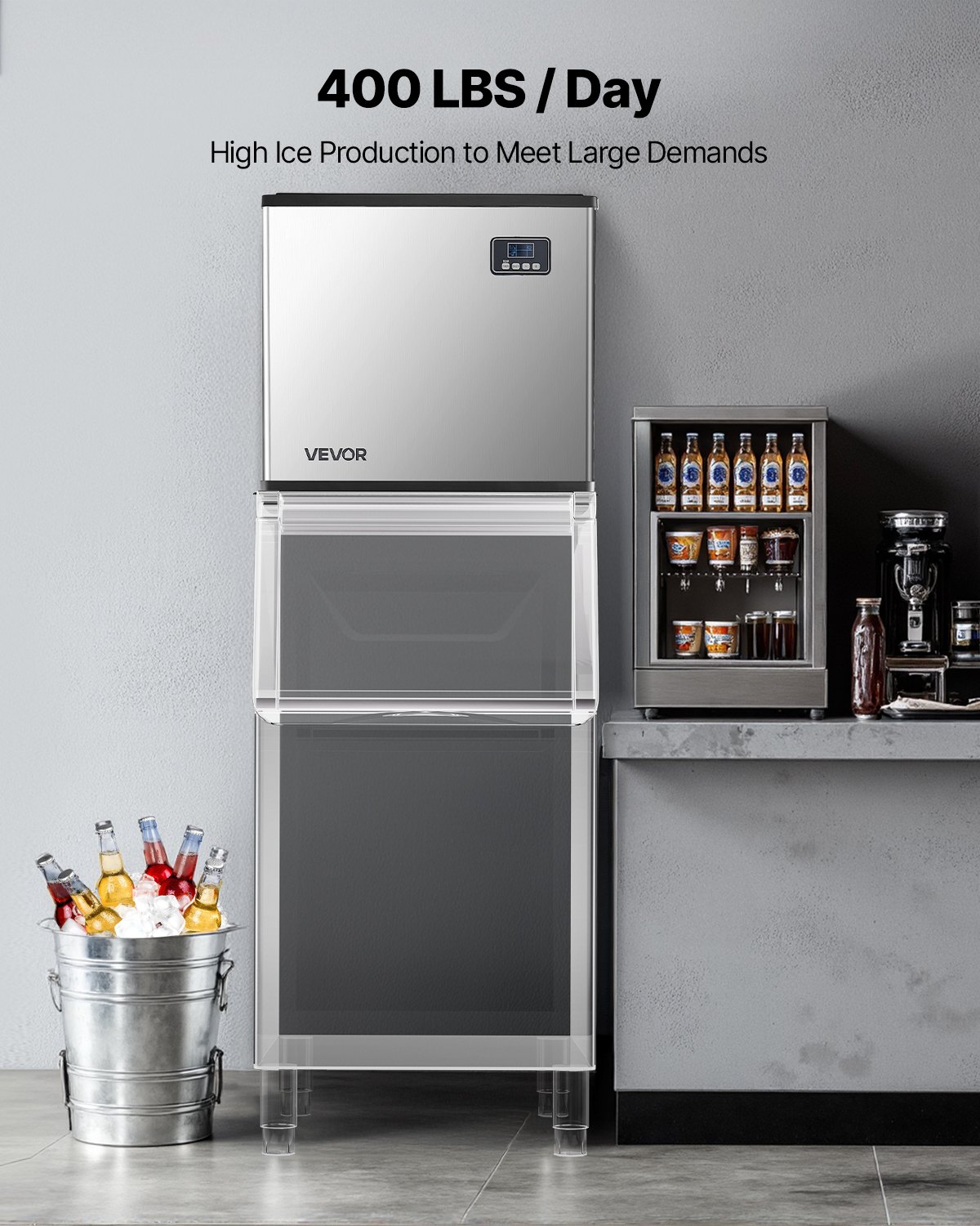 VEVOR Commercial Ice Maker Machine - Head, 400 Lbs/Day Stainless Steel Ice Machine with Self-Cleaning, Scheduled Ice-Making, Adjustable Thickness, Ideal for Restaurant Bar Cafe Hotel - Head Only