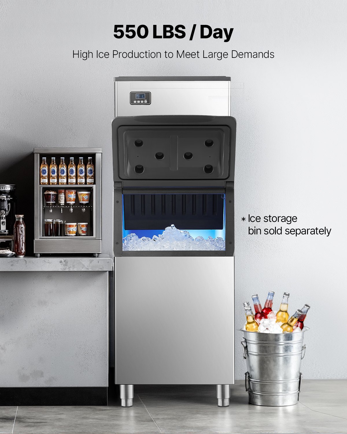 VEVOR Commercial Ice Maker Machine - Head, 550 Lbs/Day Stainless Steel Ice Machine with Self-Cleaning, Scheduled Ice-Making, Adjustable Thickness, Ideal for Restaurant Bar Cafe Hotel - Head Only