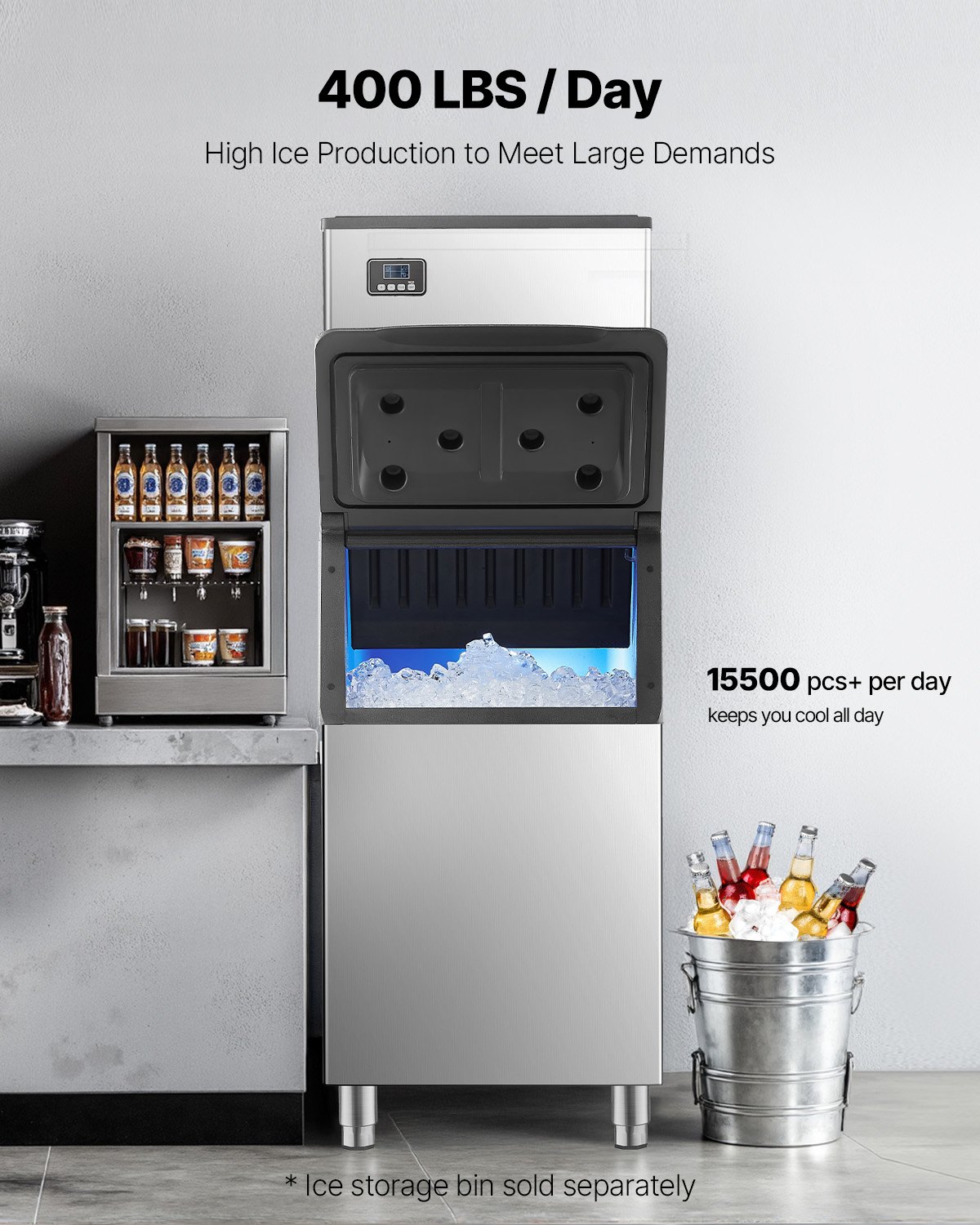 VEVOR Commercial Ice Maker Machine - Head, 400 Lbs/Day Stainless Steel Ice Machine with Self-Cleaning, Scheduled Ice-Making, Adjustable Thickness, Ideal for Restaurant Bar Cafe Hotel - Head Only