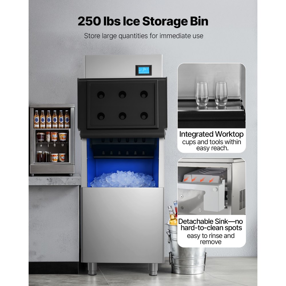 VEVOR Commerciële IJsmachine Processorkop 163 kg/dag Roestvrij Staal, met Zelfreiniging & Touchscreen, IJsblokjesbak met een capaciteit van 113 kg, Ideaal voor Restaurants, Bars, Cafés en Hotels