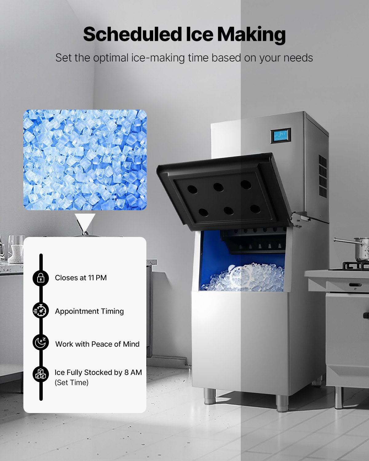 VEVOR Commerciële IJsmachine Processorkop 163 kg/dag Roestvrij Staal, met Zelfreiniging & Touchscreen, IJsblokjesbak met een capaciteit van 113 kg, Ideaal voor Restaurants, Bars, Cafés en Hotels