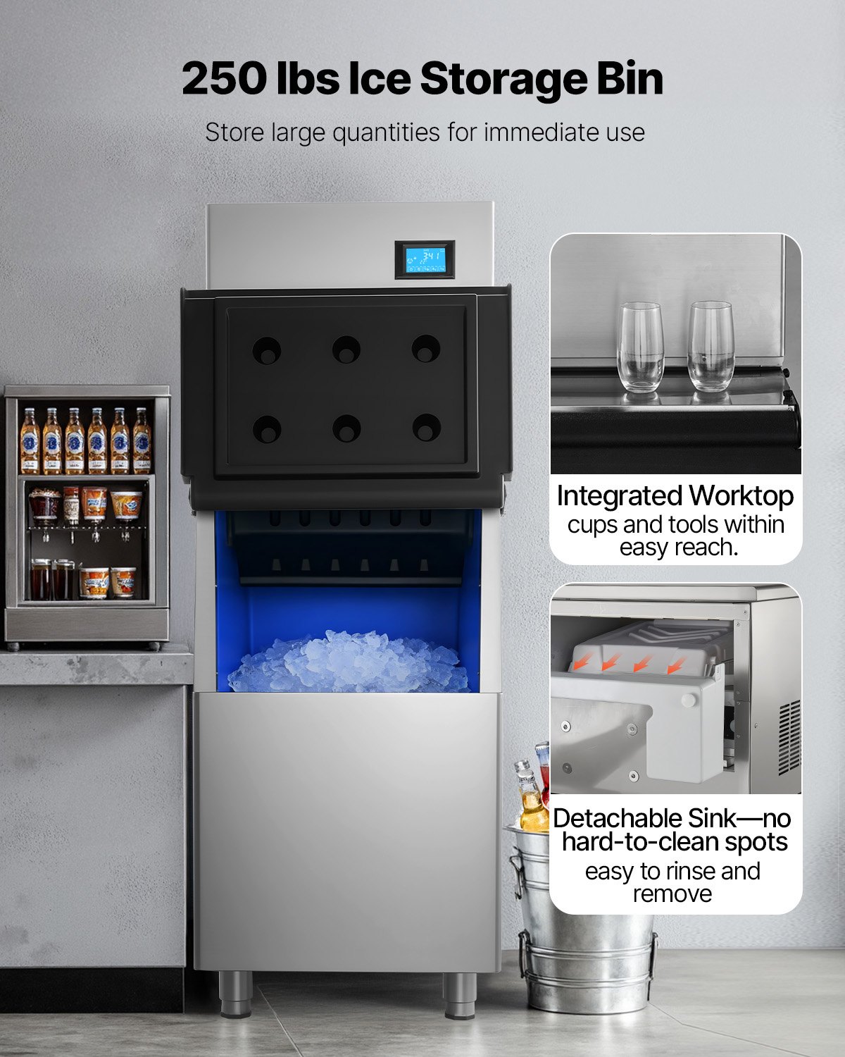VEVOR Commerciële IJsmachine Processorkop 163 kg/dag Roestvrij Staal, met Zelfreiniging & Touchscreen, IJsblokjesbak met een capaciteit van 113 kg, Ideaal voor Restaurants, Bars, Cafés en Hotels