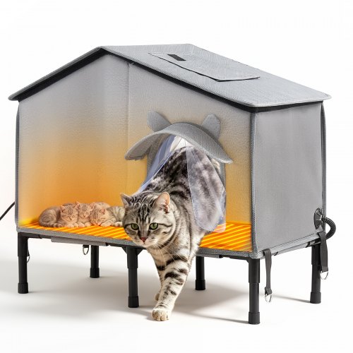 VEVOR Kattenhuis 34 W Kattengrot met verwarmingsmat 600x310x580 mm Geïsoleerd, Winterbestendig Kattenmeubel voor Buiten, Ruimte voor 2-3 Katten, met Verhoogde Standaard, Dubbele Deur & Privacygordijn, 35–45 °C