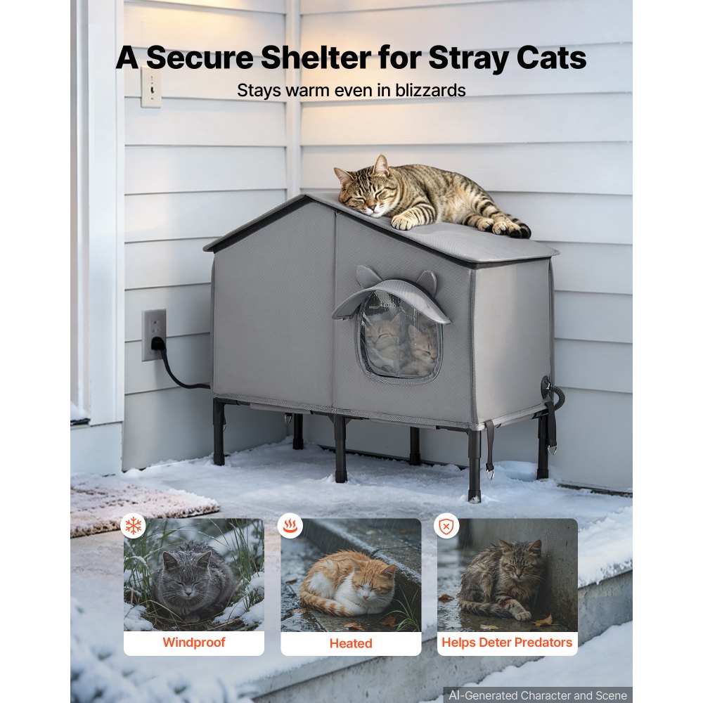 VEVOR Elevated Heated Cat House 34W Insulated Kitty Shelter with Heated Pad, for Indoor Outdoor Winter Use, Double-Door & Private Side Curtain, Waterproof Weatherproof Stray Feral Shelter for Outside