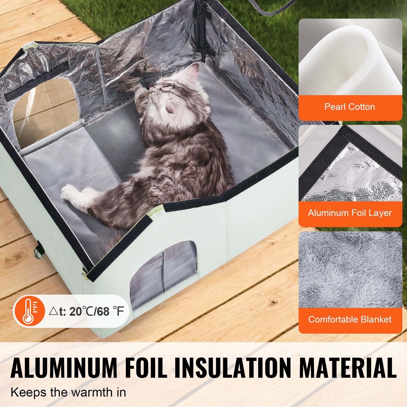 VEVOR Heated Cat House, Outdoor Kitty Shelter with Adjustable Temperature and Timer, 600D Oxford Cloth Foldable Cat Shelter with Heated Pad  for Winter to Stay Warm and Cozy, Green (Large)