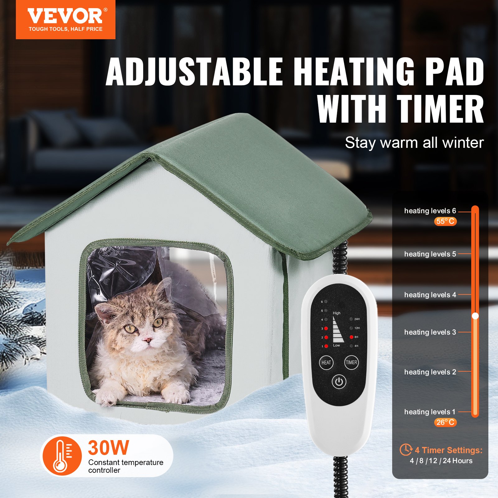 VEVOR Verhoogd Verwarmd Kattenhuis, Buitenkattenhuis met Instelbare Temperatuur en Timer, Opvouwbaar Kattenhuis van 600D Oxford-stof met Verwarmd Kussen voor de Winter om het Warm en Gezellig te Houden, Groen (Klein)