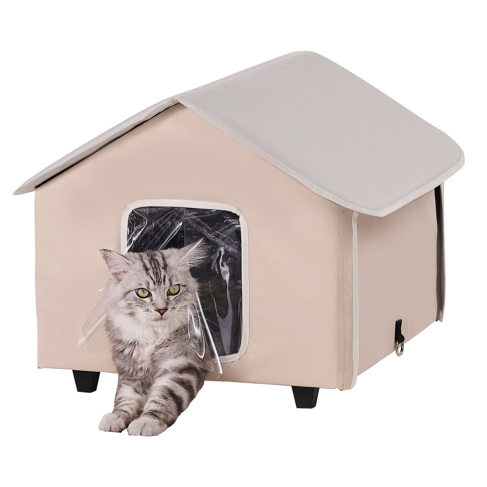 VEVOR Kattenhuis 52x48x47 cm, Kattenhuis 55 W, Kattenhol, Kattenverblijf gemaakt van 600D Oxford-stof met verwarmd kussen, temperatuurverhoging tot 20 °C, voor de winter, Bruin (Midden)