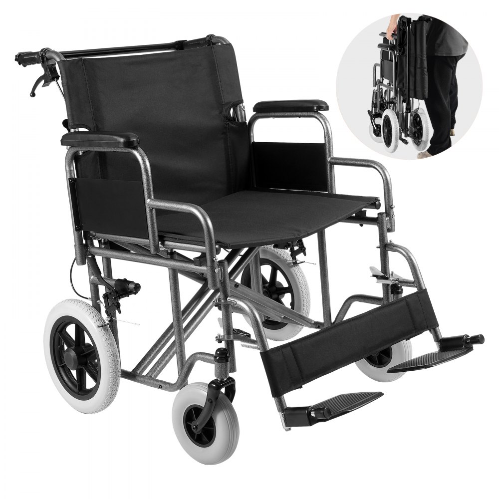 VEVOR Wheelchair Steel Transport Chair Foldable Wheelchair 24-In W Seat 300lbs