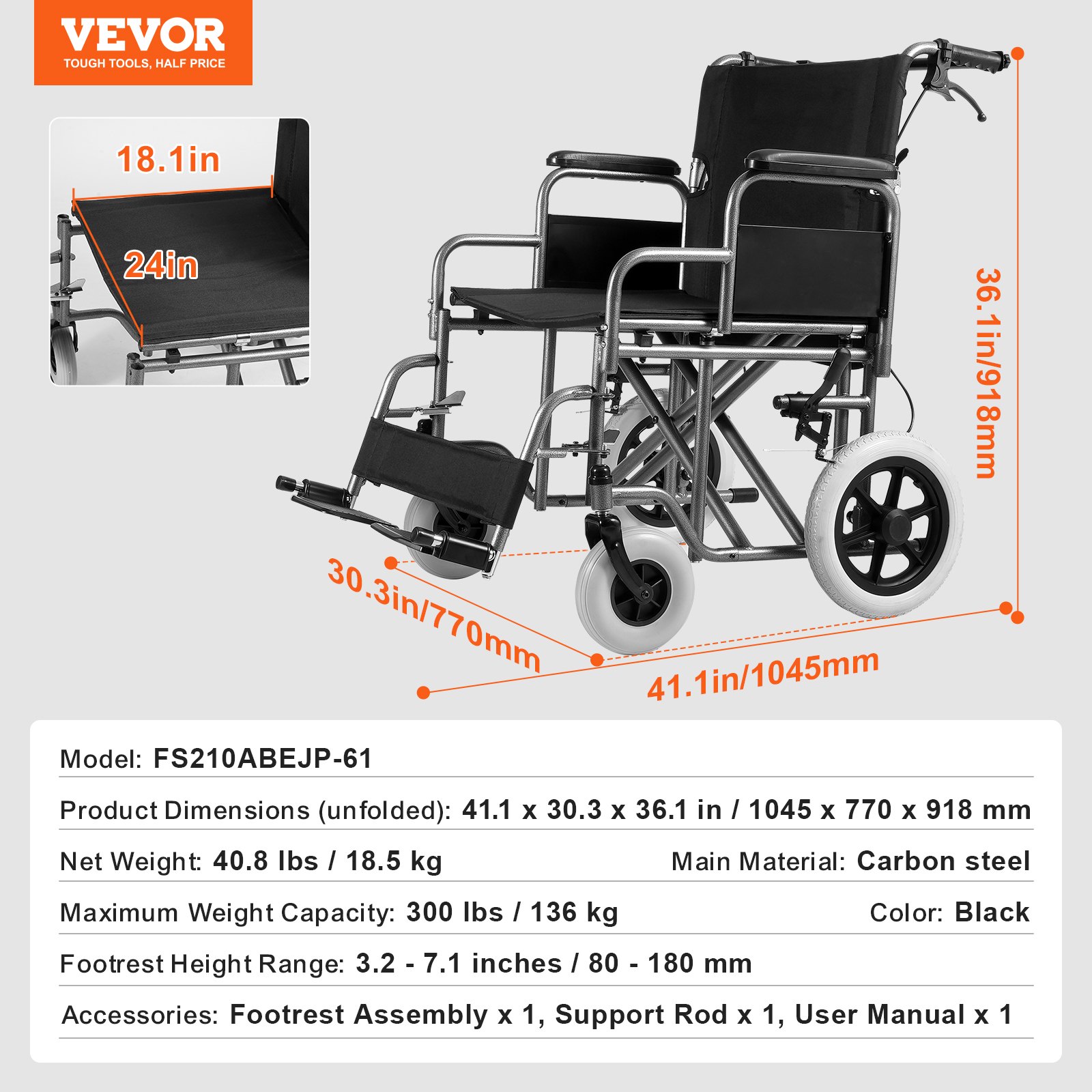 VEVOR rolstoel, transportstoel van koolstofstaal voor volwassenen, opvouwbare rolstoel met afneembare armleuning, zelfblokkerende rem, 61 cm brede zitting, draagvermogen van 136 kg, voor vrije beweging van gehandicapten