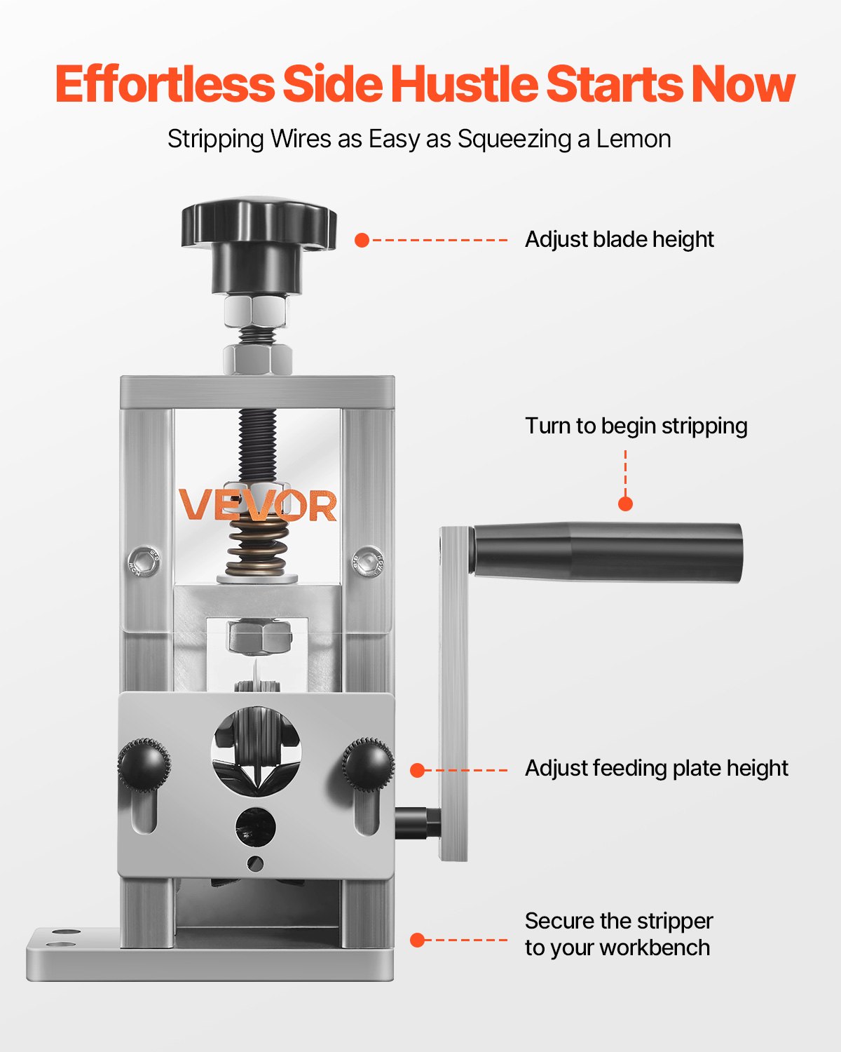 VEVOR Manual Wire Stripping Machine, 0.06-1 in, Copper Stripper with Hand Crank or Drill Powered, 64Mn Quenched Blades, 45# Steel Rollers, Aluminum Alloy Frame Wire Peeler, for Scrap Copper Recycling