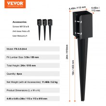 VEVOR Fence Post Anchor Ground Spike, 4 Pack 24 x 4 x 4 Inches Outer Diameter (Inner Diameter 3.5 x3.5 Inches), Metal Black Powder Coated Post Stake Ground, for Mailbox Deck Garden Railing