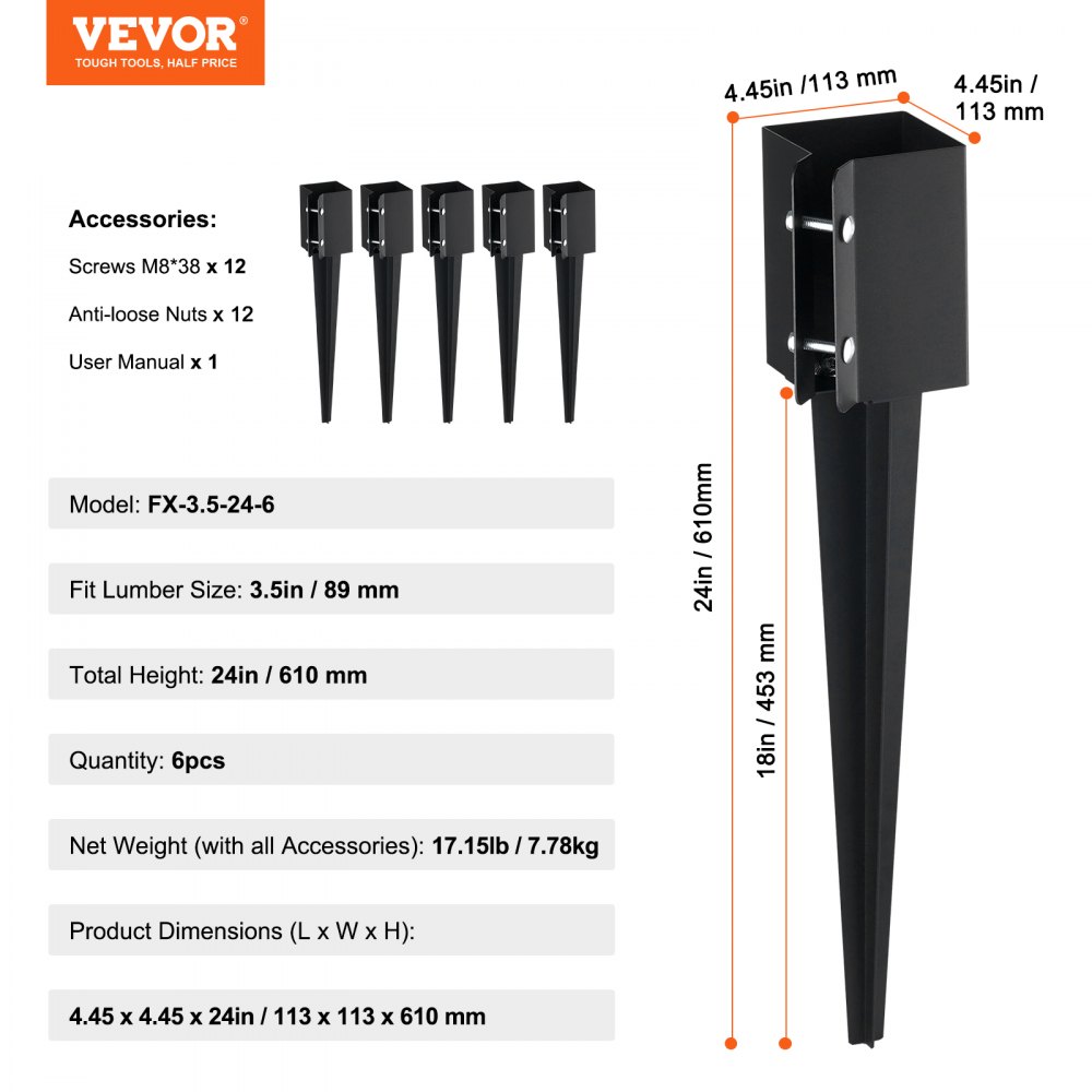 VEVOR Fence Post Anchor Ground Spike, 6 Pack 24 x 4 x 4 Inches Outer Diameter (Inner Diameter 3.5 x3.5 Inches), Metal Black Powder Coated Post Stake Ground, for Mailbox Deck Garden Railing