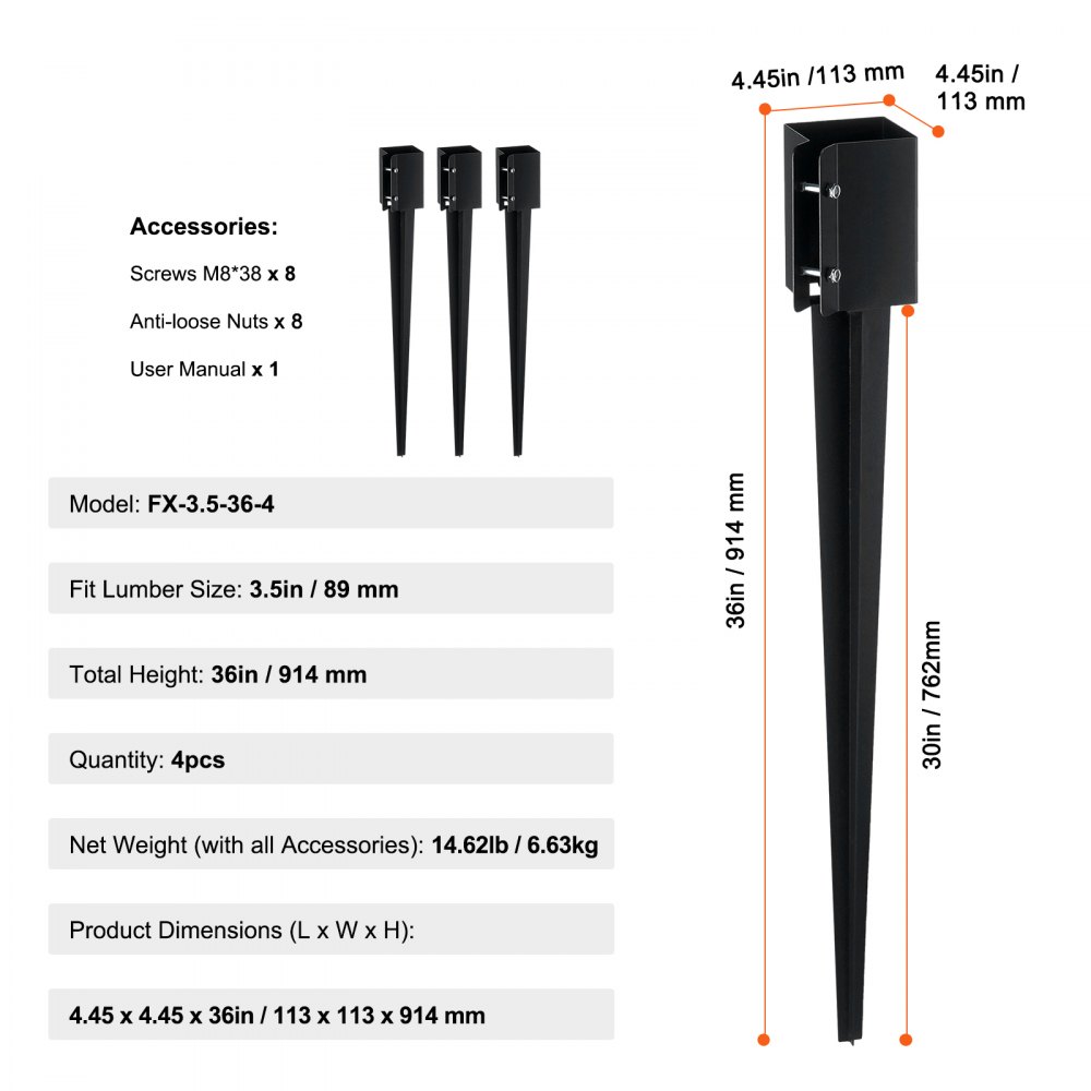 VEVOR Fence Post Anchor Ground Spike, 4 Pack 36 x 4 x 4 Inches Outer Diameter (Inner Diameter 3.5 x3.5 Inches), Metal Black Powder Coated Post Stake Ground, for Mailbox Deck Garden Railing