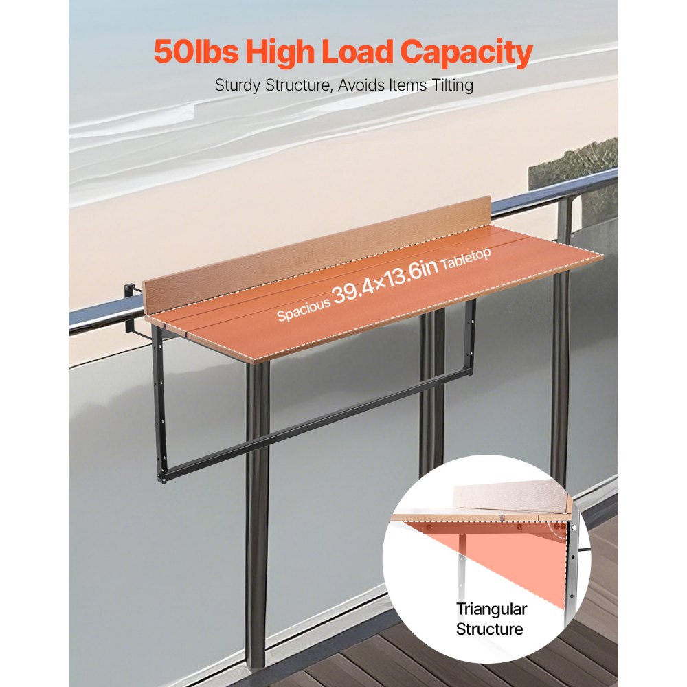 VEVOR Balkonhangtafel, 1000x345mm, Opvouwbare balkonhangtafel, Opvouwbare tafel voor buitenleuningen, 5-voudig verstelbaar, Geschikt voor leuningen van 1 tot 3,7 inch, Serveertafel voor terras en dek