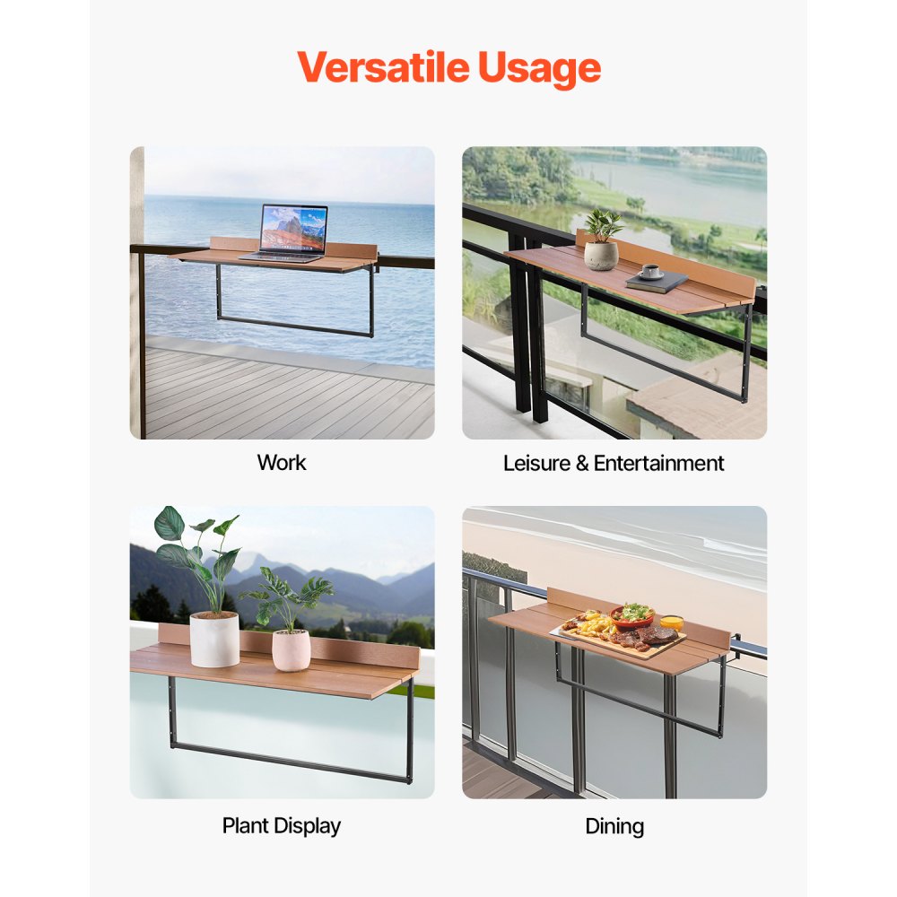 VEVOR Balkonhangtafel, 1000x345mm, Opvouwbare balkonhangtafel, Opvouwbare tafel voor buitenleuningen, 5-voudig verstelbaar, Geschikt voor leuningen van 1 tot 3,7 inch, Serveertafel voor terras en dek