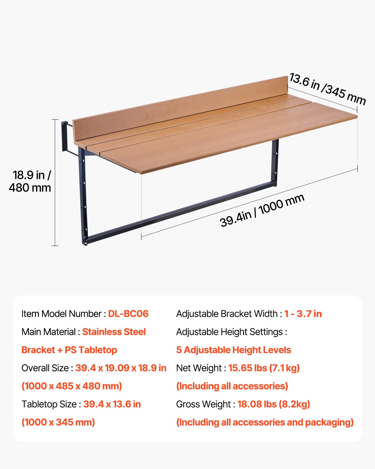 VEVOR Balkonhangtafel, 1000x345mm, Opvouwbare balkonhangtafel, Opvouwbare tafel voor buitenleuningen, 5-voudig verstelbaar, Geschikt voor leuningen van 1 tot 3,7 inch, Serveertafel voor terras en dek