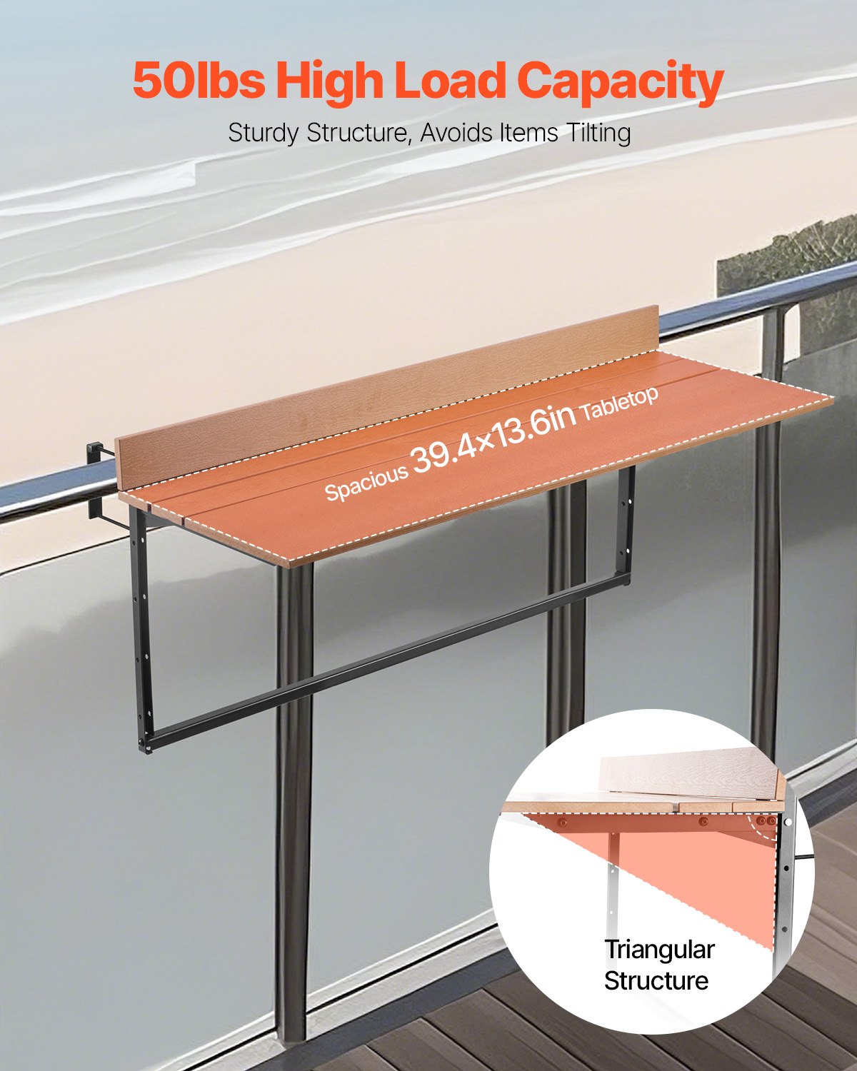 VEVOR Balkonhangtafel, 1000x345mm, Opvouwbare balkonhangtafel, Opvouwbare tafel voor buitenleuningen, 5-voudig verstelbaar, Geschikt voor leuningen van 1 tot 3,7 inch, Serveertafel voor terras en dek