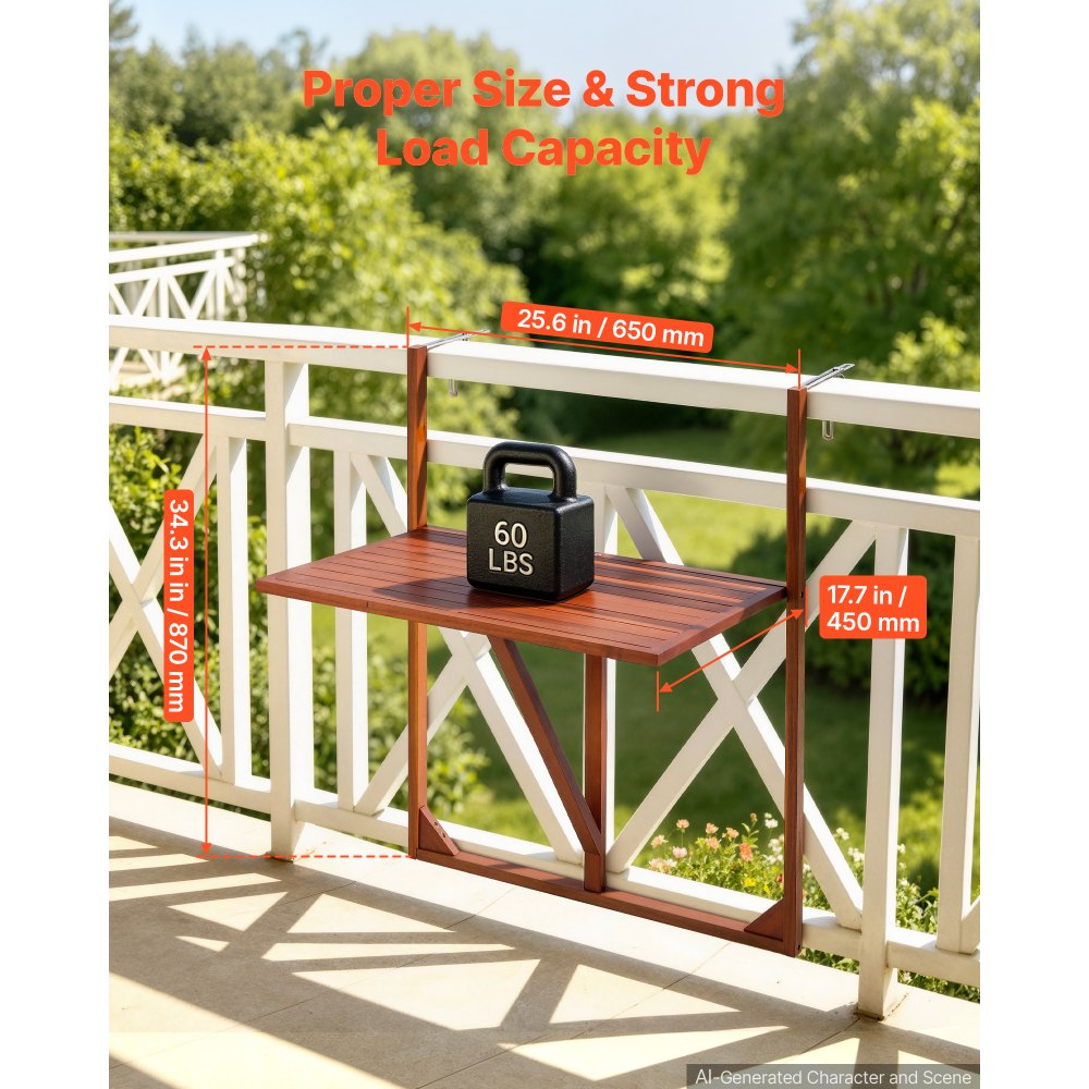 VEVOR Hangende Balkontafel 650x450 mm Opklapbare Tafel 27 kg Hangende Balkontafel, voor Terras, Tuin, Veranda, Geschikt voor balustrades van 0-70 mm, Verstelbare klembreedte, Tafelblad van acaciahout, Ruimtebesparend