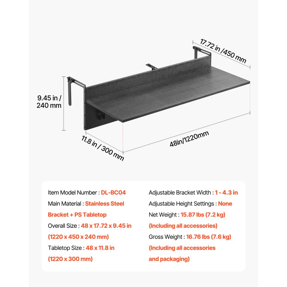 VEVOR Balkontafel, 1220x300mm, Opvouwbare balkonhangtafel, Opvouwbare tafel voor buitengebruik, Draagvermogen 22 kg, Geschikt voor leuningen van 2,54 tot 10,92 cm, Serveertafel voor terras en dek