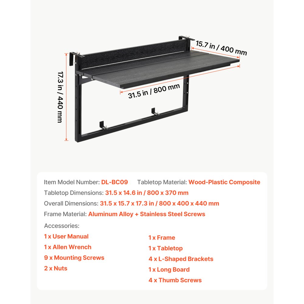 VEVOR Hangende Balkontafel 795x380 mm Opklapbare Tafel 27 kg Hangende Balkontafel, voor Terras, Tuin, Balkon, Geschikt voor balustrades met een diameter van 0–90 mm, In hoogte verstelbaar, Hout-kunststof composietmateriaal