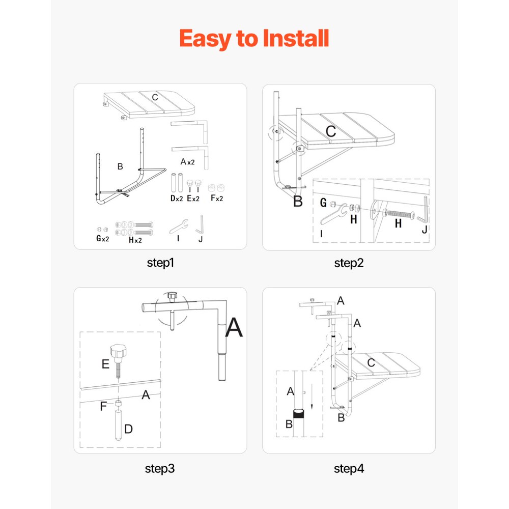 VEVOR Balcony Hanging Table, 25 x 24 in Folding Balcony Railing Table, Outdoor Balcony Bar Table for Railings, 4-Level Adjustable, Fit Railing from 1" to 5.5", Serving Table for Patio & Deck