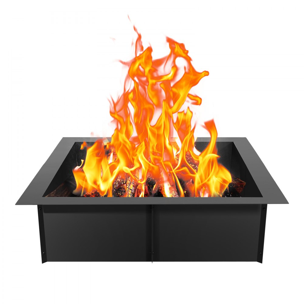 black square-shaped VEVOR fire pit ring with bright orange flames.