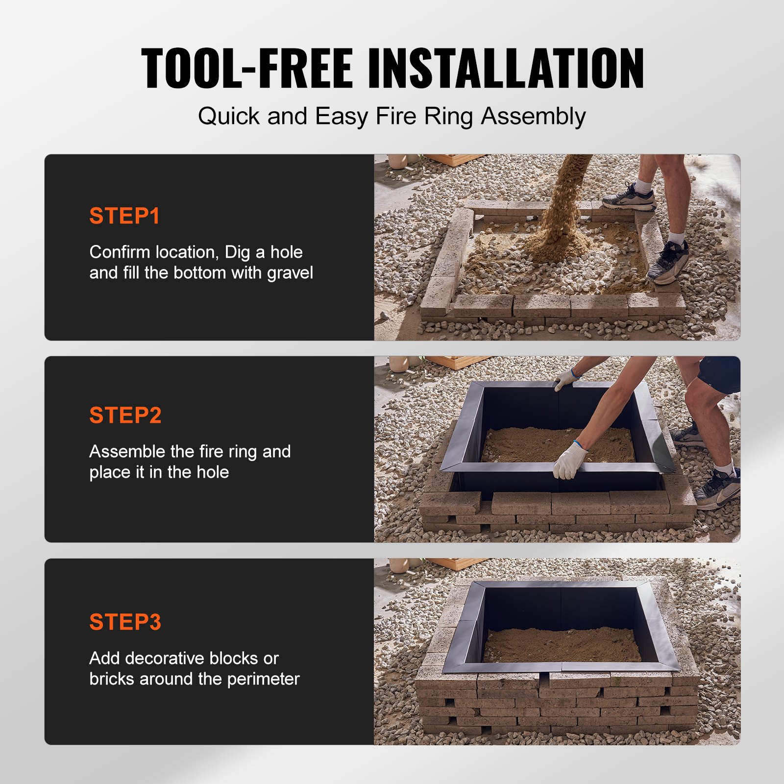 VEVOR Fire Pit Ring, 36x36 in Outer/30x30 in Inner Diameter, 10inch Height Square Fire Pit Insert, Heavy Duty Carbon Steel Liner DIY Campfire Ring above or In-Ground, for Outdoor Camping, Bonfires