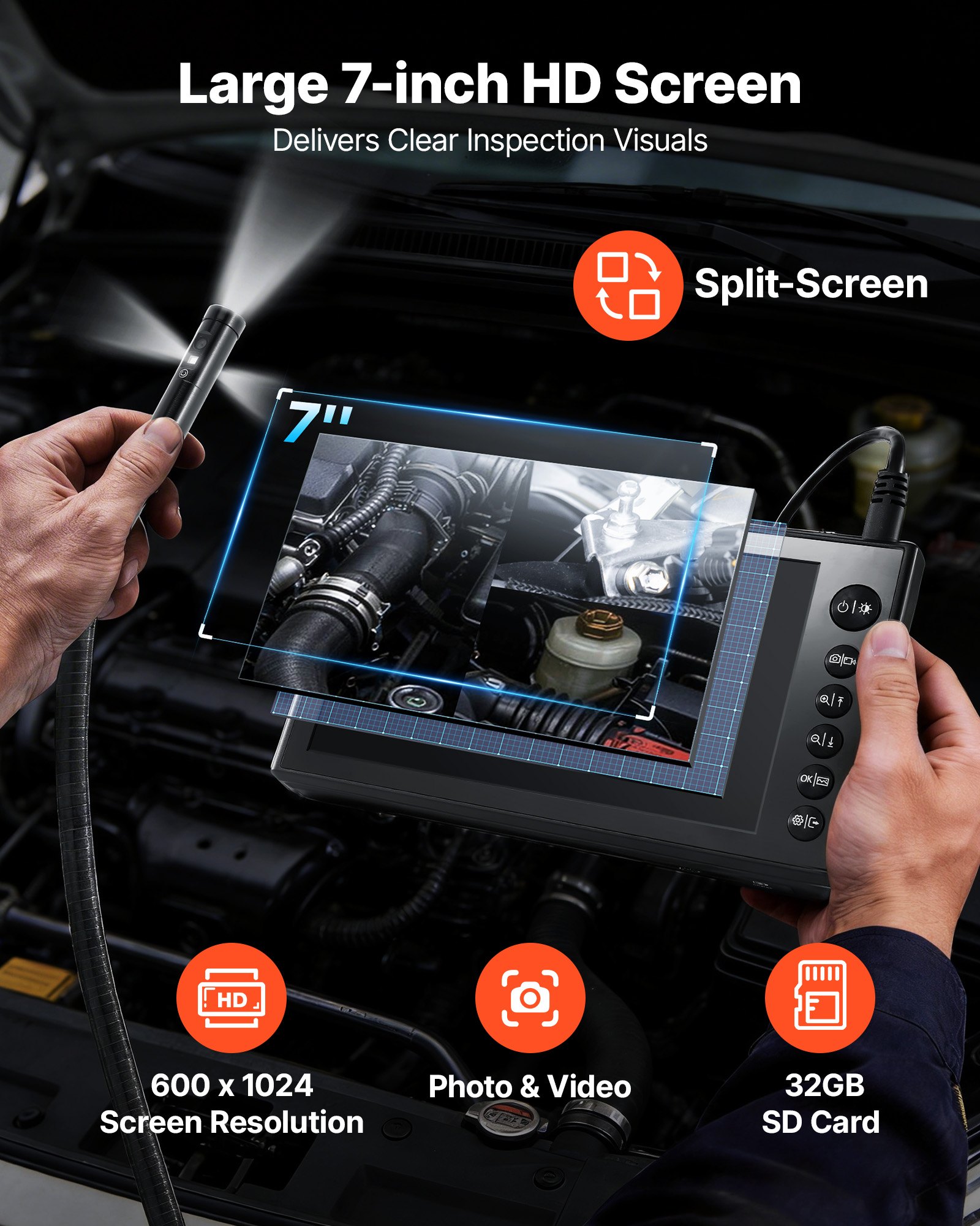 VEVOR Triple Lens Endoscoopcamera met 7-inch scherm, 5000mAh batterij, inspectiecamera met 5m/3m kabel, gesplitst scherm, 8x zoom, 180° beeldrotatie, IP67 waterdicht, industriële endoscoop met LED voor auto-inspectie van leidingen.