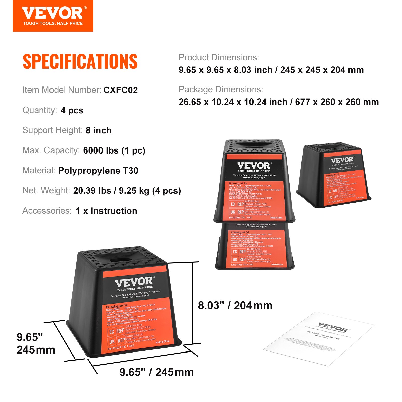 VEVOR Trailer Jack Block RV-reisaccessoires, 4-pack krikken, 2721 kg capaciteit per RV-nivelleringsblok, voor elke krik, paal, voet en vijfde wiel