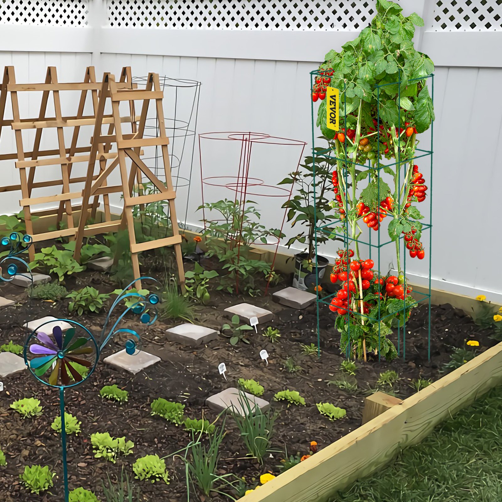 VEVOR Tomatenkooien, 37 x 37 x 100 cm, set van 6 vierkante plantenkooien, robuuste groene tomatentorens van PVC-gecoat staal voor het klimmen van groenten, planten, bloemen en fruit