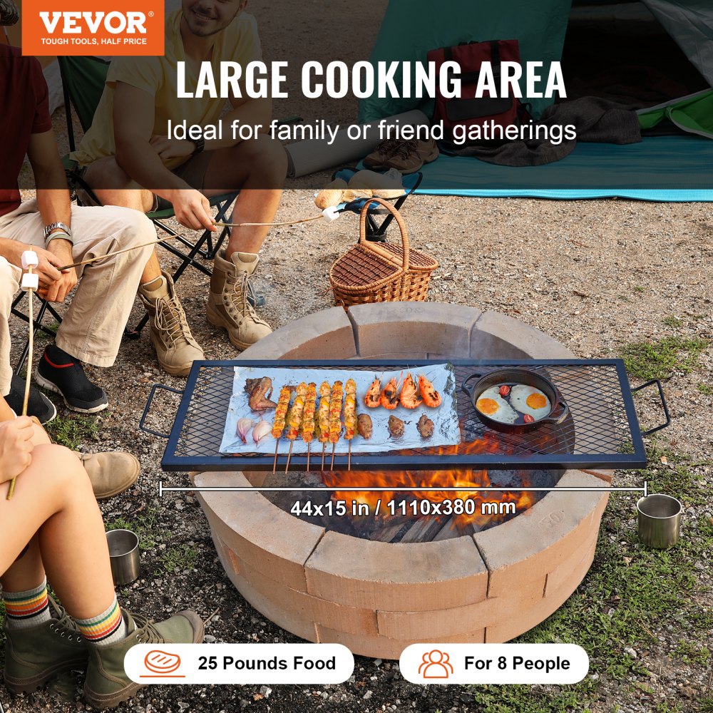 VEVOR 1110 x 380 x 25 mm X-Marks vuurkorf grillrooster, rechthoekig grillrooster, kampvuur BBQ grillrooster van staal met handvat, draagbaar kampeerkookgerei voor buitenfeesten, zwart