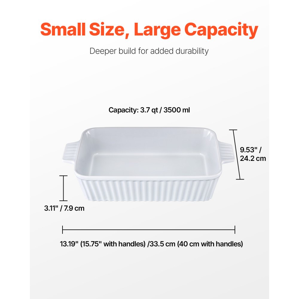 VEVOR Ceramic Baking Dish, Large 9" x 13" Pan, Rectangular Bakeware with Double Handles, Oven Secure, Lasagna Pan, Casserole Dish Deep for Baking and Serving, Thanksgiving & Christmas Present, White
