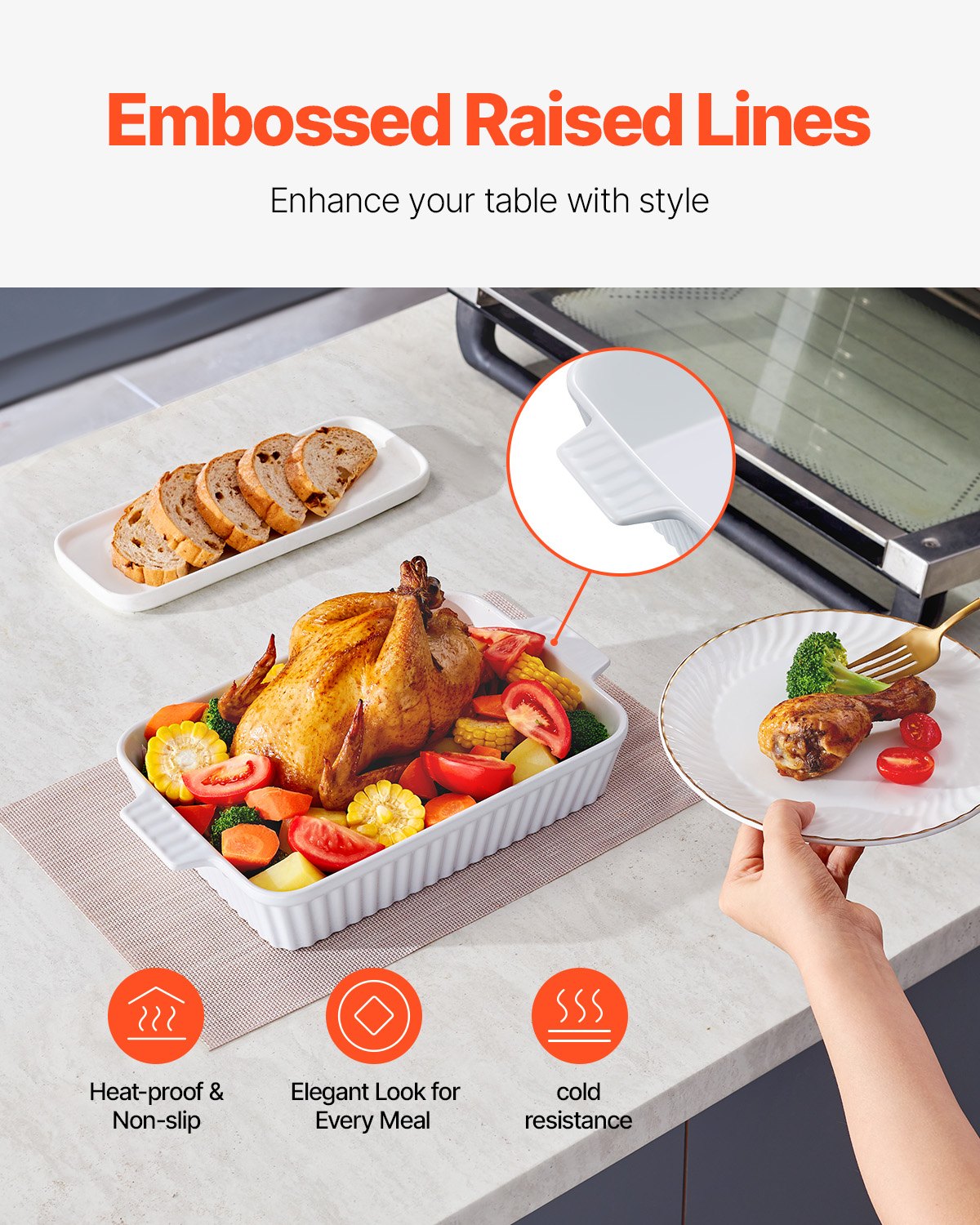 VEVOR Ceramic Baking Dish, Large 9" x 13" Pan, Rectangular Bakeware with Double Handles, Oven Secure, Lasagna Pan, Casserole Dish Deep for Baking and Serving, Thanksgiving & Christmas Present, White