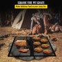 square fire pit grate over campfire cooking meat with two people sitting near a tent in the background.