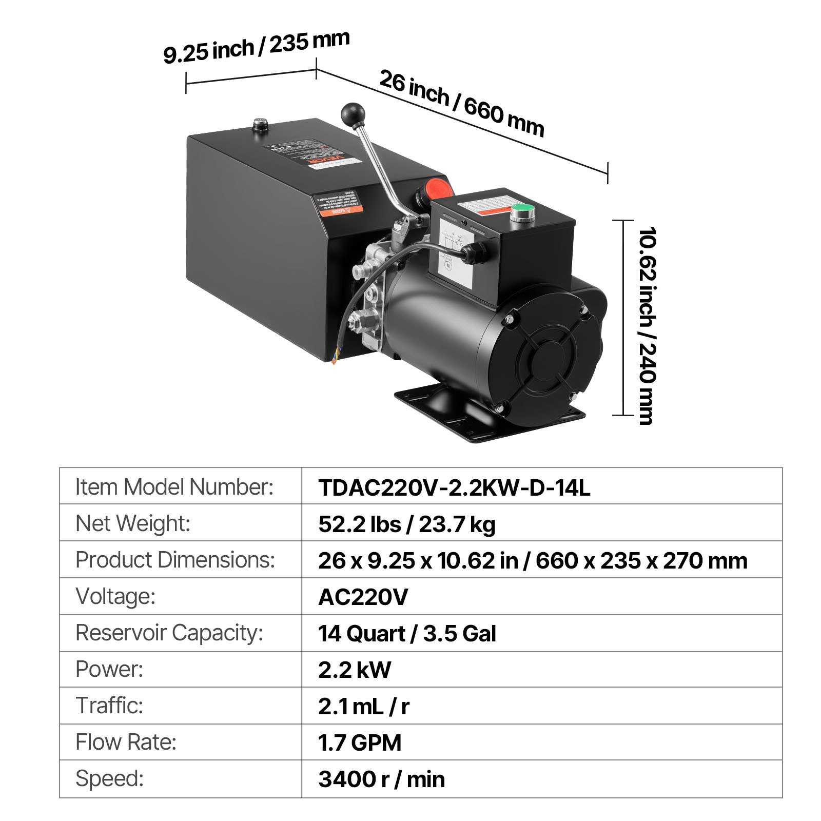 VEVOR 14 Qt hydraulische krachtbron, enkelwerkende stalen pomp voor kipperaanhangers, maximale overdruk van 22 MPa en debiet van 6,3 l/min, hydraulische pomp met metalen reservoir voor het heffen van kipperaanhangers.