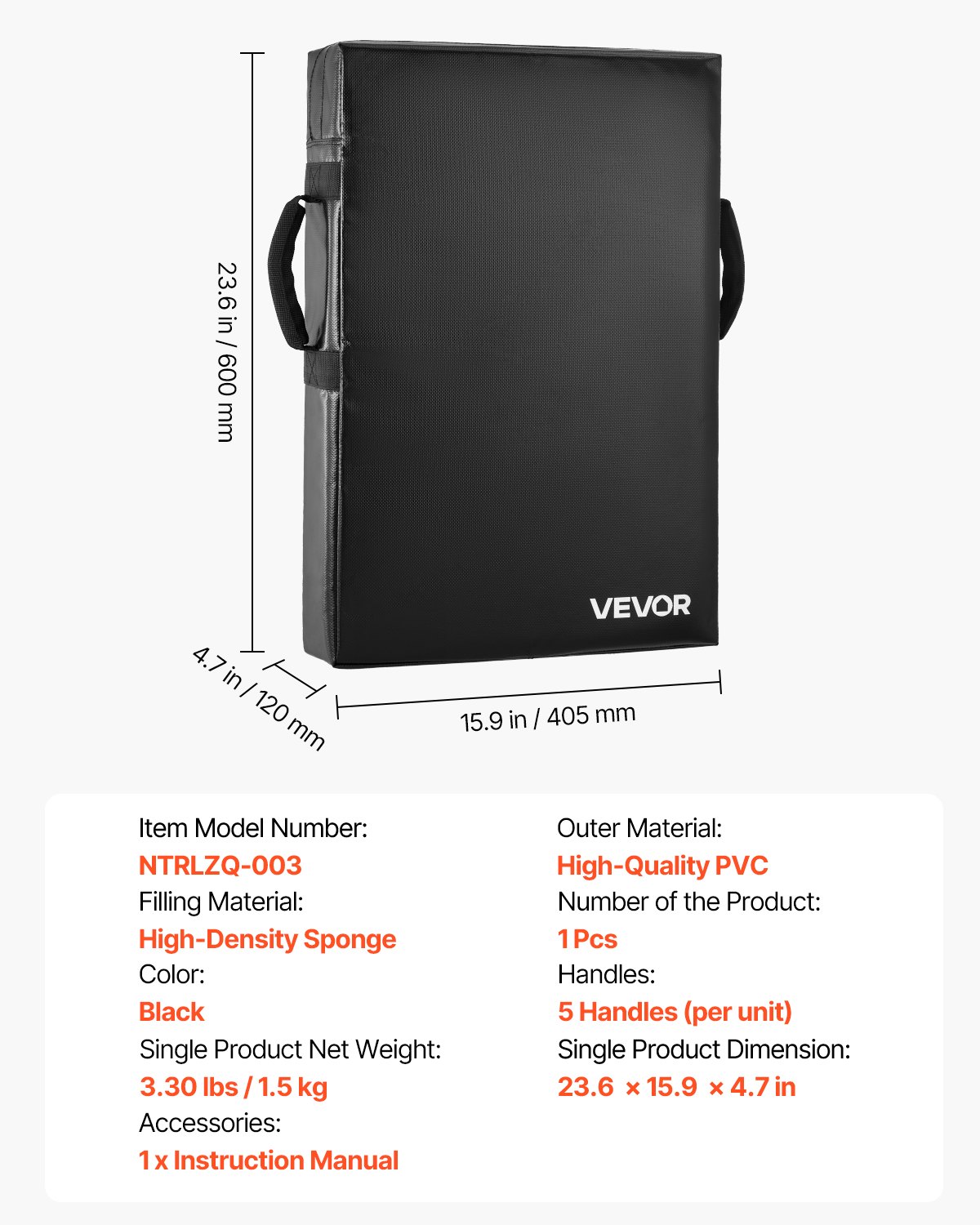 VEVOR Soccer Blocking Dummy Blocking Pads (600 x 405 x 120 mm), Kick Shield Pad met handvatten, Tackelende dummies van hoogwaardig spons, Trainingsuitrusting voor basketbal, hockey, lacrosse, zwart, 1 verpakking.