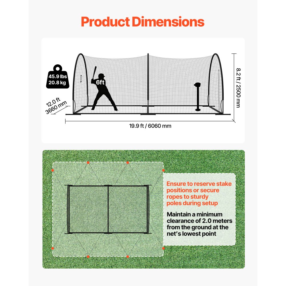 VEVOR Baseball Batting Cage, 19.9 x 12.0 x 8.2 FT Freestanding Portable Batting Cage, Hitting Cages with 30-Ply Knotted HDPE & Pitching Machine Opening, Battings Cages Netting for Indoor Outdoor