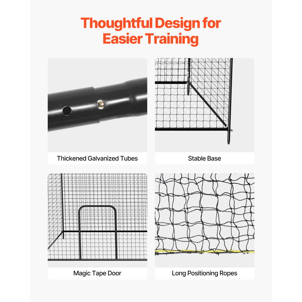 VEVOR honkbal slagkooi (rechthoekig) net 10668x3200x3100 mm, draagbaar trainingsnet met 45-laags en geknoopt HDPE-doek en lange positioneringstouwen, incl. softbal trainingskooi net