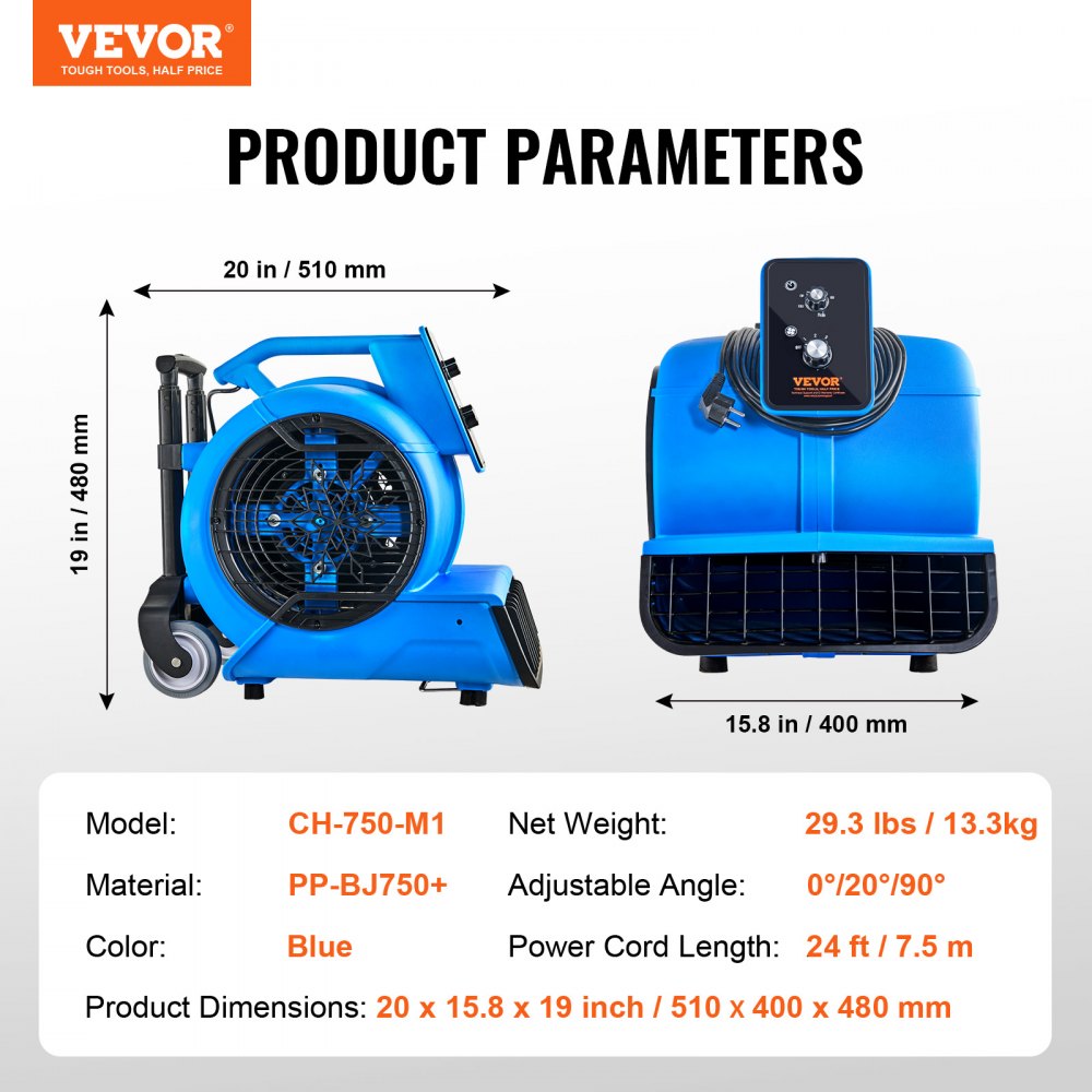 VEVOR Floor Blower, 1400 RPM 4000 CFM, Air Mover for Drying and Cooling, Portable Carpet Dryer Fan with 3 Blowing Angles, Timer, 3-Speeds Adjustment, for Janitorial, Home, Commercial Use