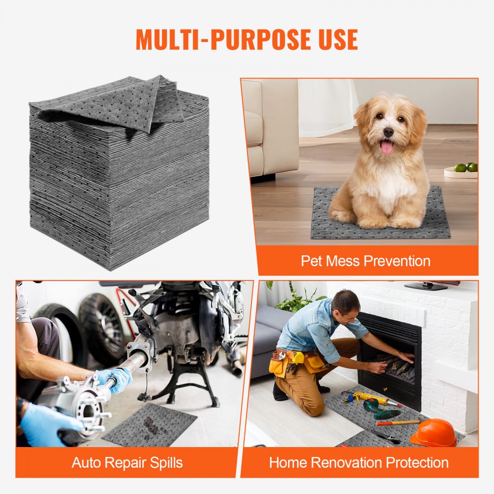 VEVOR Absorberende Pads, Waterabsorberende Mat in Dispenserdoos, 100 stuks Waterabsorberende Matten 330 x 250 x 3,5 mm, Polypropyleen Absorberende Pads voor Water, Grijs, Inhoud 12 Gal