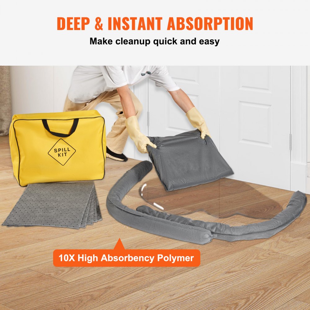 VEVOR Universele Spill Kit, 43-delige accessoires voor lekkagebestrijding, inclusief 30 universele sorptiepads, 2 universele sorptiesokken van 3 x 4 voet, 2 afvalpads, rubberen handschoenen en tas