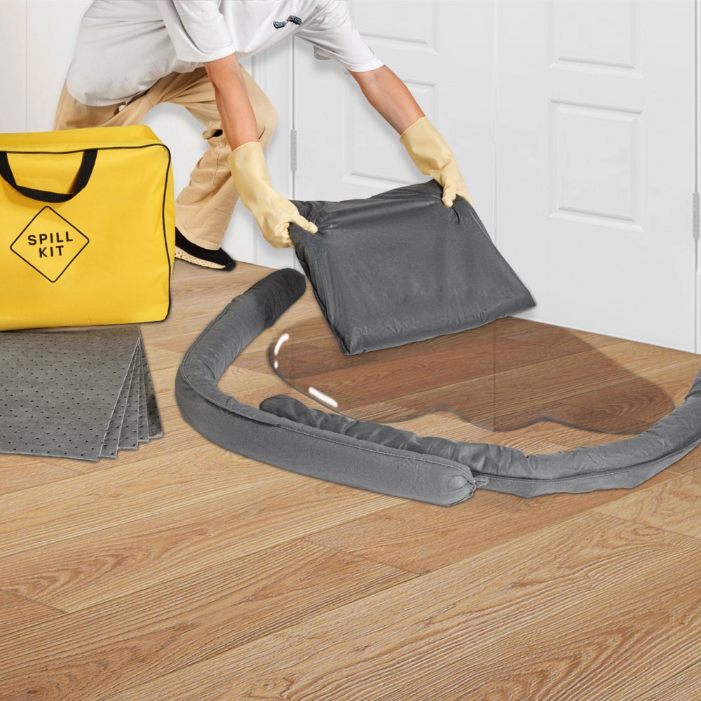 VEVOR Universele Spill Kit, 43-delige accessoires voor lekkagebestrijding, inclusief 30 universele sorptiepads, 2 universele sorptiesokken van 3 x 4 voet, 2 afvalpads, rubberen handschoenen en tas