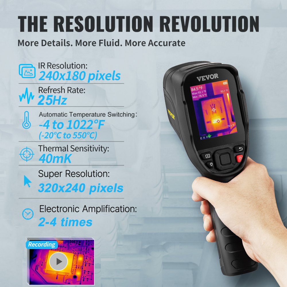 VEVOR Thermal Imaging Camera, 320 x 240 Pixels Super Resolution with 2MP Visual Camera, 25Hz Refresh Rate Infrared Camera with -4℉~1022℉ Temp, 64G SD Card and Rechargeable Li-ion Battery