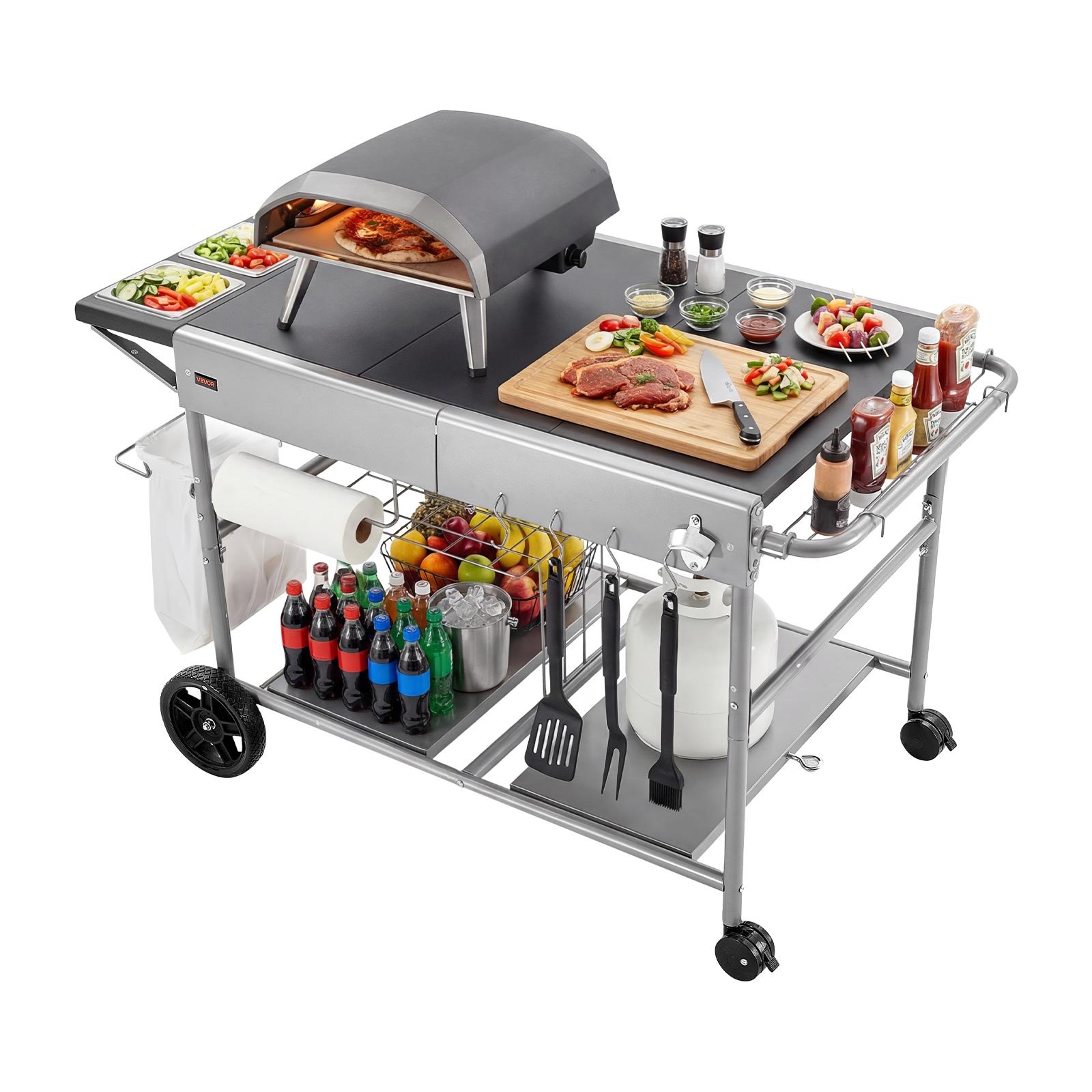 VEVOR Outdoor Grillwagen 925x595x25 mm (tafelbladformaat), verrijdbare grilltafel met 4 kruidenbakjes, wielen, deksels en haken, grillvoorbereidingstafel/serveerwagen voor picknick, keuken en tuin