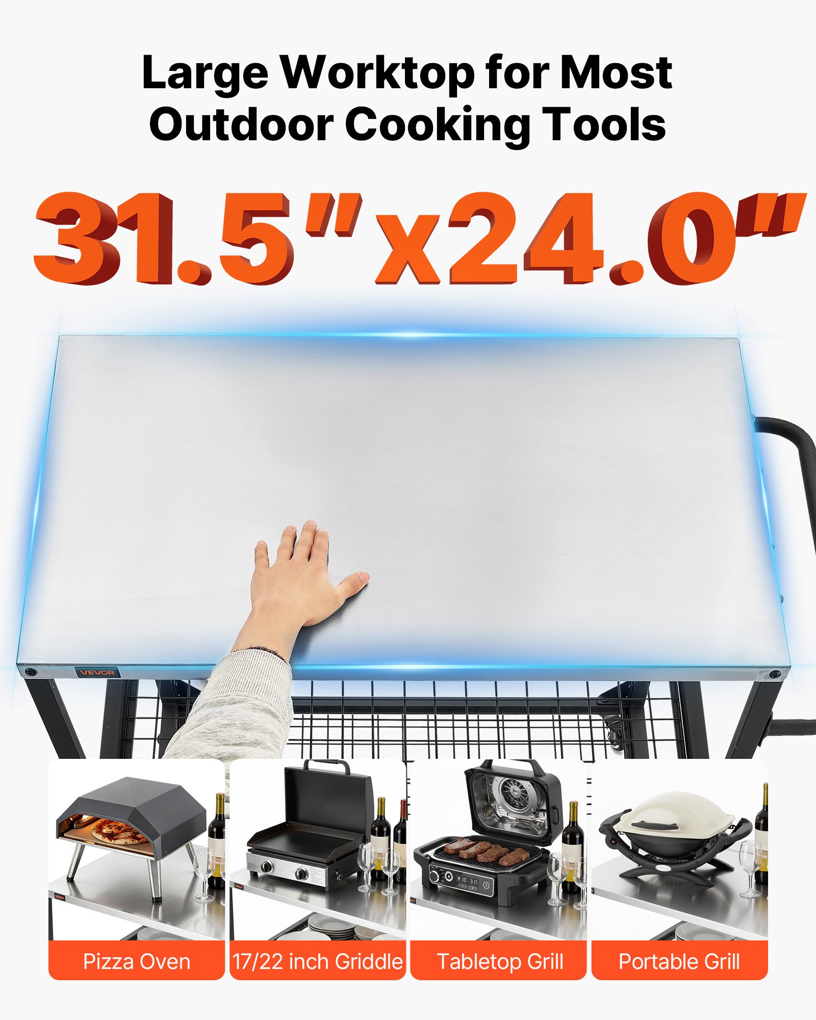 VEVOR Outdoor Grillwagen 80x61 cm (tafelbladformaat), verrijdbare grilltafel met zijhandgreep, 2 gaasplanken en 4 wielen, grillvoorbereidingstafel, serveerwagen voor picknick, keuken en tuin